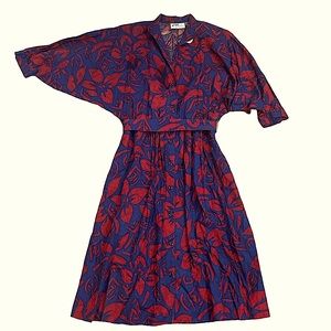 Vintage Willi of California Blue Red Dolman Sleeve Dress Size XL